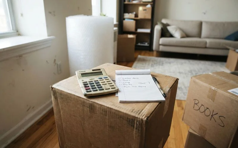 A renter reviewing a written move-in cost breakdown next to moving boxes in a new apartment