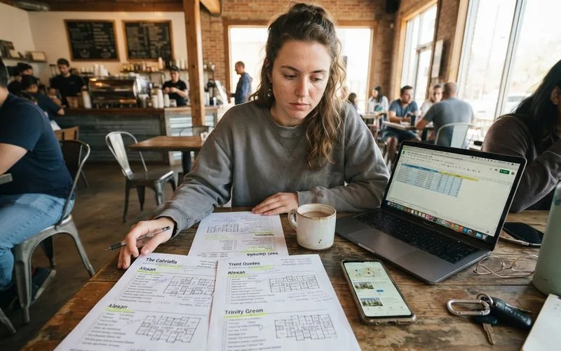 A renter reviewing a rent breakdown sheet with a leasing agent at a desk, comparing base rent against fees and move-in concessions