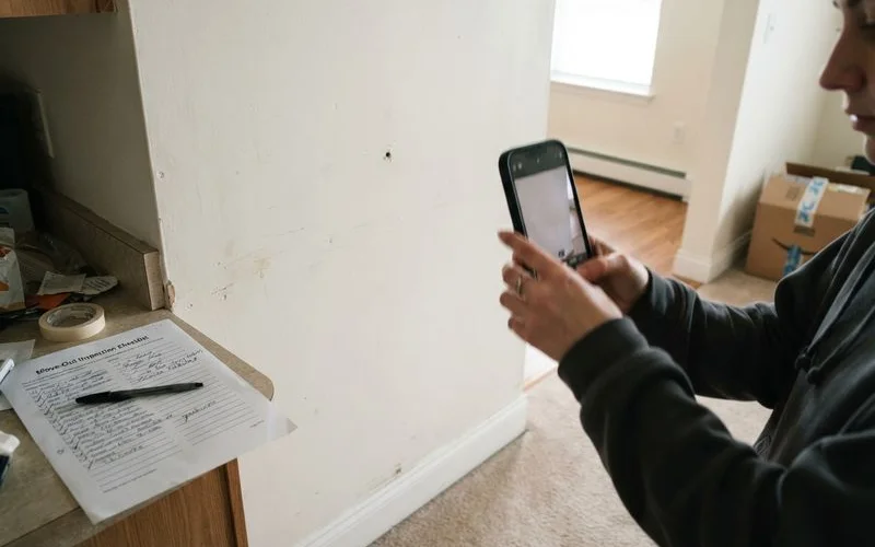 A renter holding a phone and photographing an empty, freshly cleaned apartment room during a final move-out walkthrough