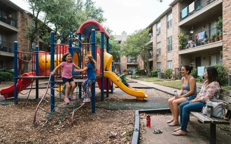 A family with young children walking through an apartment community playground area during a tour