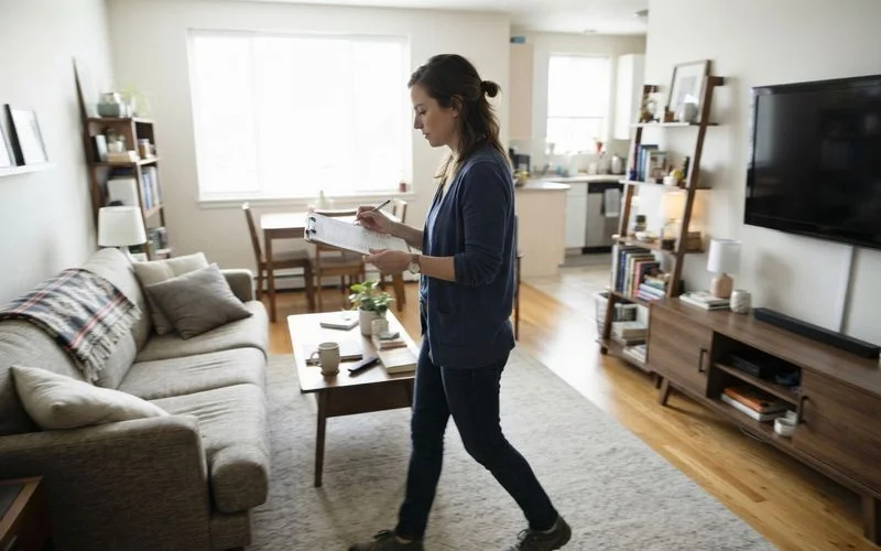 A relocation renter checking a furnished apartment inventory list against furniture and housewares during a move-in walkthrough