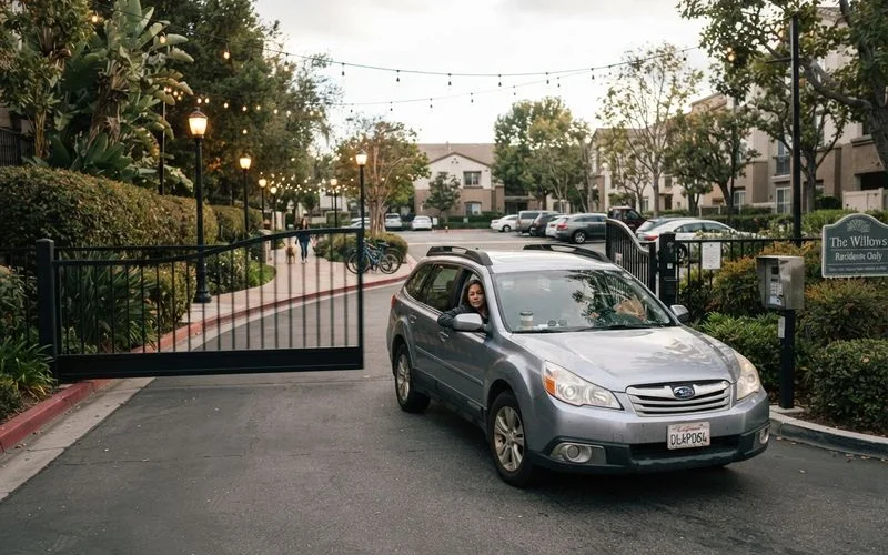 A car passing through an apartment community's vehicle entry gate at dusk with visible security lighting