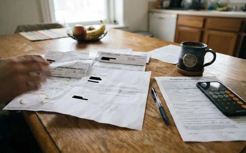 A leasing office desk with a rental application, calculator, and pay stub documents laid out for an income verification appointment