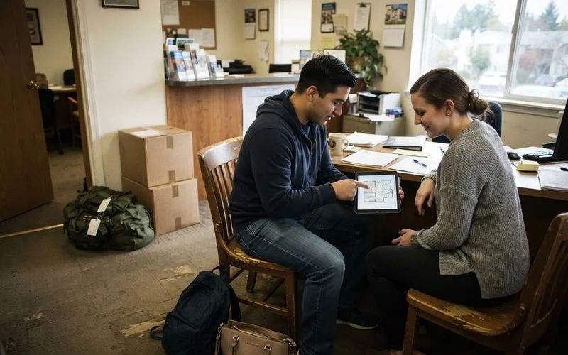 A service member and family reviewing apartment floor plans and a PCS moving checklist together