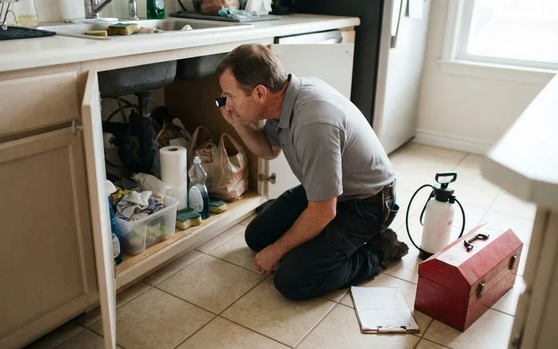 A maintenance technician inspecting a kitchen baseboard and cabinet corner for pest activity in an apartment unit