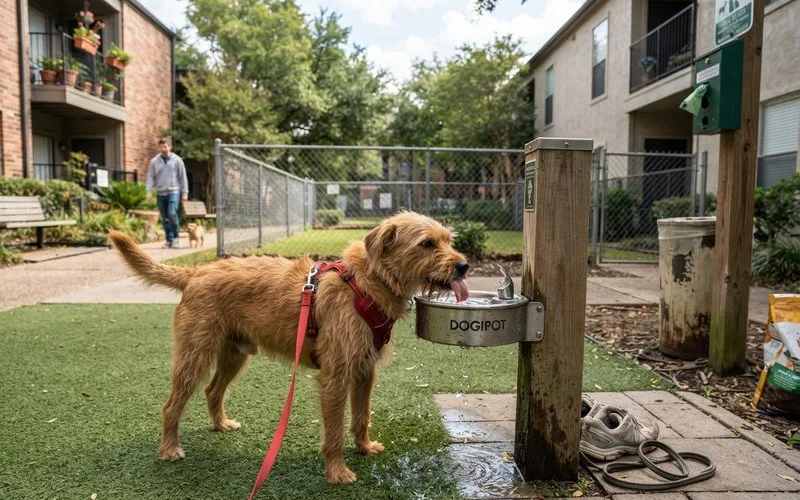 A resident walking a dog past an apartment community dog park with a waste station and wash area