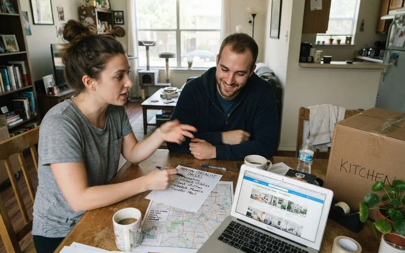 A person reviewing apartment listings and a moving checklist on a laptop while packing boxes