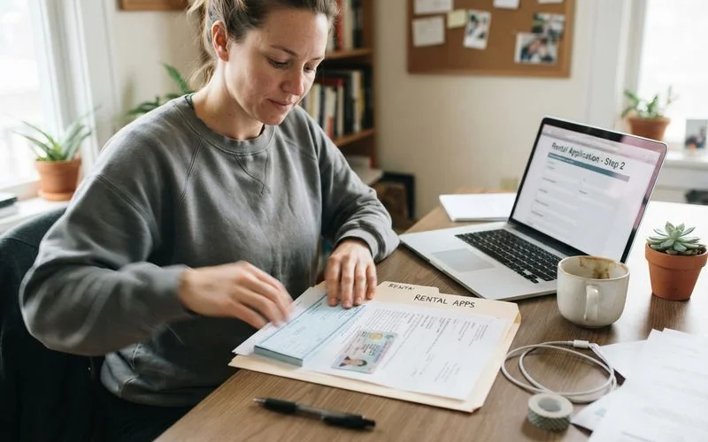 A renter organizing tax returns, bank statements, and pay stubs in a folder before submitting an apartment application