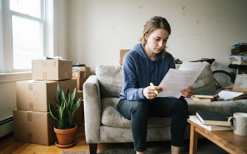 A young renter reviewing a lease document at a table in a newly rented first apartment