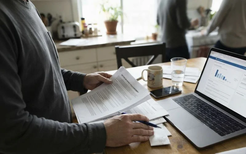 A renter reviewing a renters insurance policy document at a kitchen table with a laptop nearby