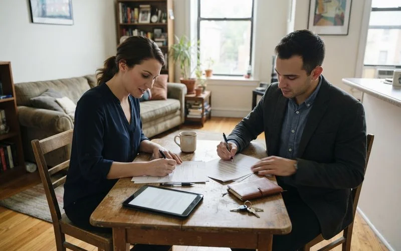 A relocating professional signing a short-term furnished apartment lease at a desk with moving boxes stacked nearby