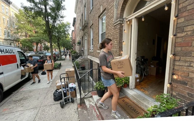 A group of students moving into a furnished student apartment unit near a Dallas-area campus