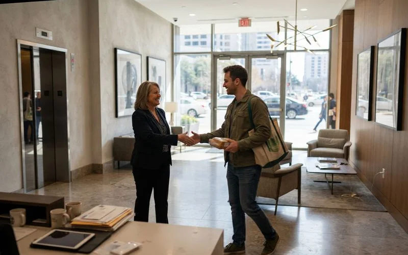 A resident touring a modern high-rise apartment lobby with a leasing agent, pointing toward amenity signage and package lockers