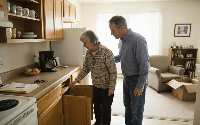An adult child and an older parent walking through a senior living apartment community with a leasing agent