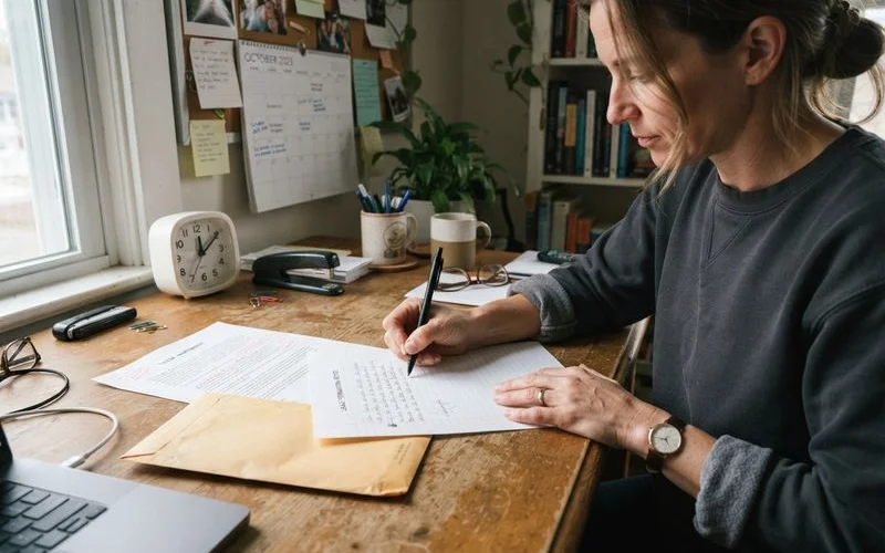 A renter reviewing a lease document and writing a formal notice letter at a desk